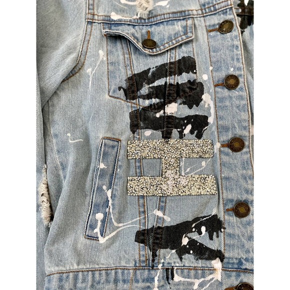 Ross Disera Denim Blue Distressed Jean Jacket DIY Glitter Question Upcycle M - Picture 3 of 7